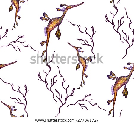 Watercolor Weedy Sea Dragon & Algae seamless pattern on white background. Watercolor texture. Cloth & rug design. Yellow, Purple & White vector backdrop. 