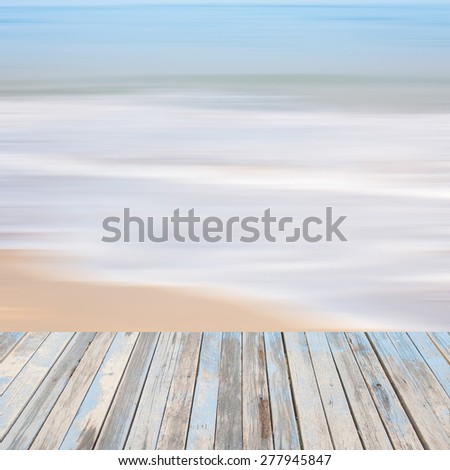 wooden floor, with beautiful ocean and blue sky retro pastel  scenery