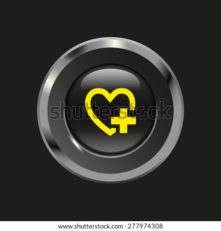 Black glossy button with metallic elements and yellow icon heart (add favorite), on black background, vector design website