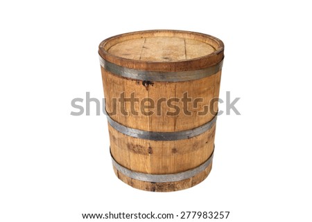 Inverted oak barrel with steel rings isolated on a white background