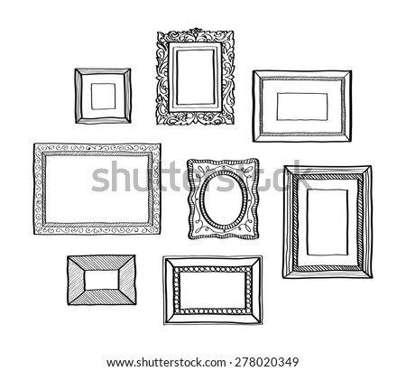 Vector set of vintage photo frames, hand drawn doodle style, antique ornamental and cute photo frames for decoration and design 