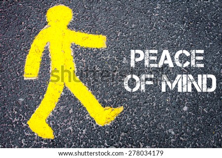 Yellow pedestrian figure on the road walking towards PEACE OF MIND. Conceptual image with Text message over asphalt background.