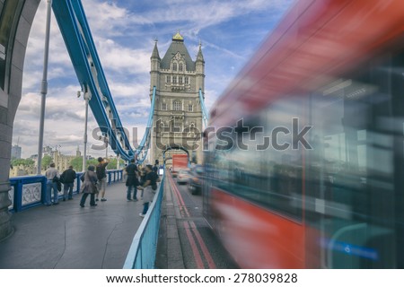 Tower Bridge in London, England.  Image cross processed.