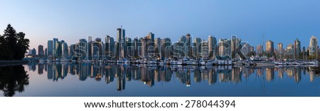 Vancouver British Columbia Canada City Skyline by the Harbor View from Stanley Park along False Creek at Sunrise Panorama