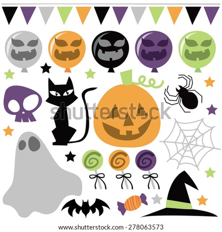 An assortment of different retro halloween design elements vector illustration.