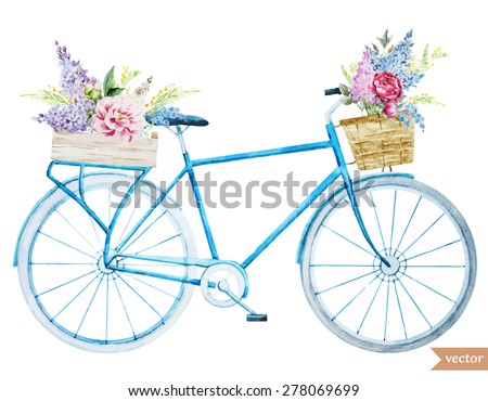 watercolor illustration of a bicycle with flowers, vector
