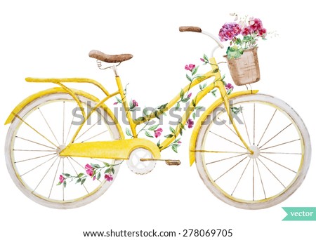 watercolor illustration of a yellow bicycle with flowers hydrangea