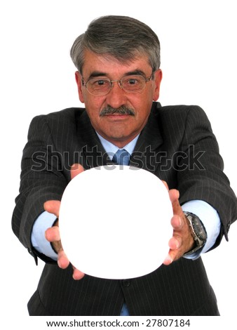 Business man holding a white banner over a white background