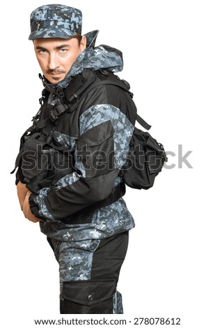 soldiers in mountain windproof camouflage on a white background