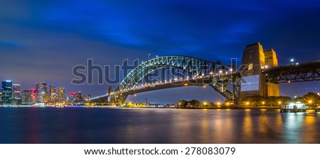 Sydney City Skyline, Sydney Harbour Bridge with Opera House with Reflection under blue sky at night in Summer, Australia
