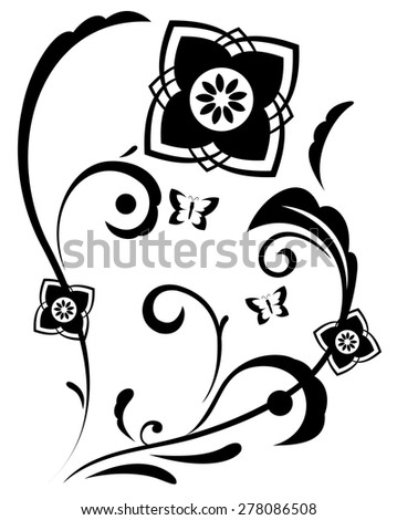 Illustration of the abstract fantasy flowers black silhouette on white background