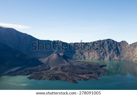 View of mini volcano inside crater lake of Mount Rinjani in Lombok, Indonesia