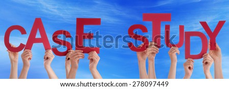 Many Caucasian People And Hands Holding Red Letters Or Characters Building The English Word Case Study On Blue Sky