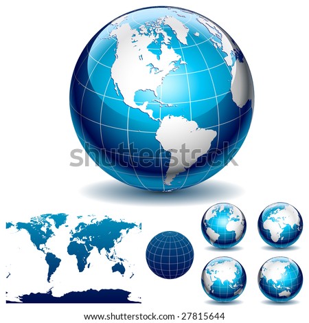 Globe and detail map of the world. Different views. Vector Illustration