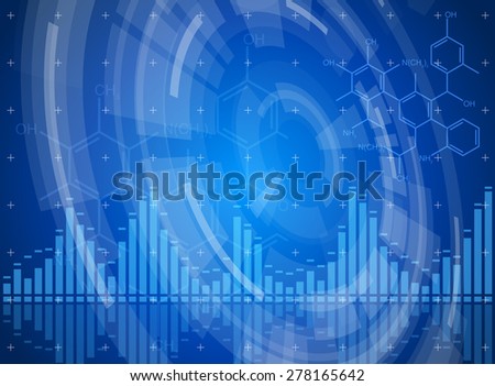 Technology blue background - radial HUD interface elements, digital waves, chemistry forms