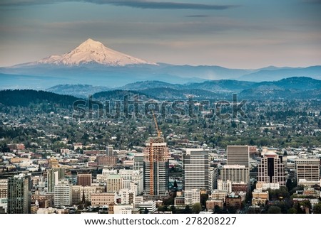 Portland and Mount Hood Panorama. Portland, Oregon, USA.