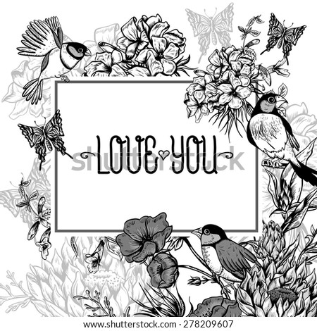 Vintage Monochrome Floral Greeting Card with Birds and Butterflies. Blooming Hydrangea, Poppies and Bluebells, Lily. Vector illustration with Place for Your Text. 