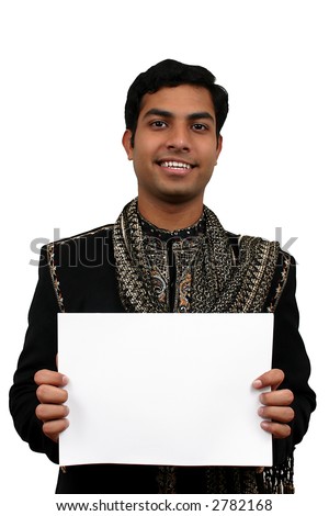 Indian in traditional clothes holding a white board in hand (2) clipping path avaliable
