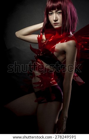 geisha robot with red armor, beautiful young Japanese woman in a suit methacrylate