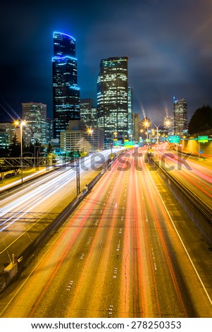 Skyscrapers and I-5 at night, seen from the Yeller Way Bridge, in Seattle, Washington.