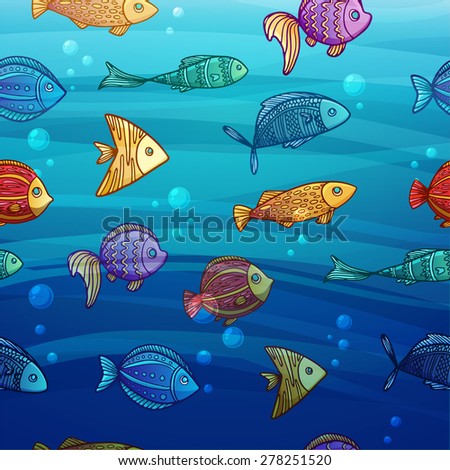 Background with a pattern of colored cartoon fish on sea background with sun light and bubbles. For decor, fabrics, decoration. Vector.