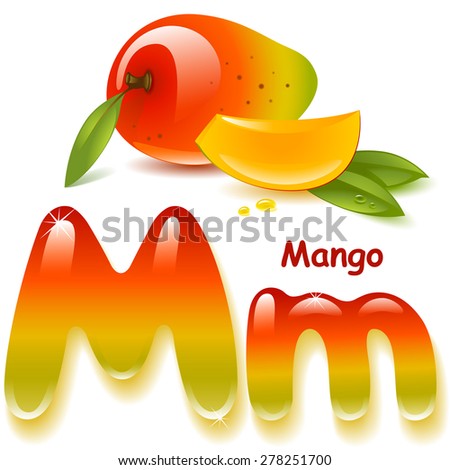 Alphabet. English capital and uppercase letter M, stylized color of mango  juice. mango with leaf and slices. vector illustration