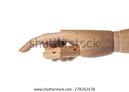 A hand of wood doll make index finger(forefinger) to touch, direct isolated white background at the studio.