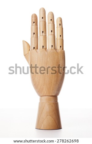 A hand of wood doll make palm to touch, connect, communication, shake, love isolated white background at the studio.