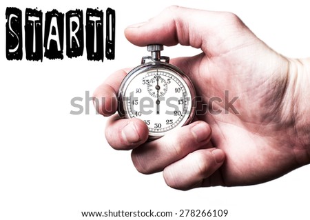Hand with stopwatch & text start Royalty-Free Stock Photo #278266109