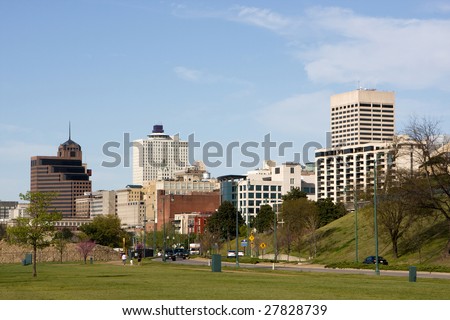 A view of the skyline of Memphis, Tennessee looking north from the Mississippi River.