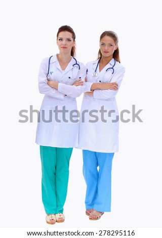 Two young woman doctor , standing in hospital, isolated