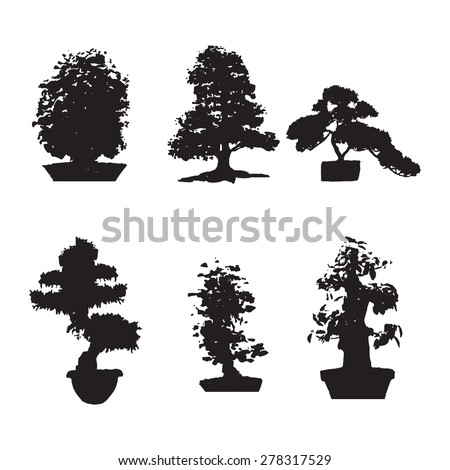 Set of six black silhouettes bonsai on an isolated background. Miniature trees gorshkah.yu Potted trees, Japanese trees.