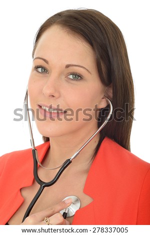 Beautiful Young Female Doctor In Her Twenties With a Stethoscope Wearing a Red Jacket Against A White Background