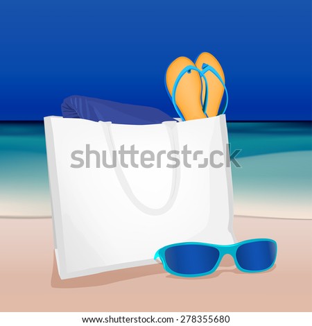 The illustration of  beautiful realistic beach bag with thongs and googles on a seashore. Totally vector image.