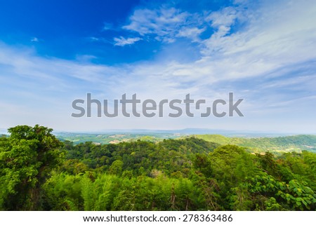 Mountains with forest and blue sky with clouds