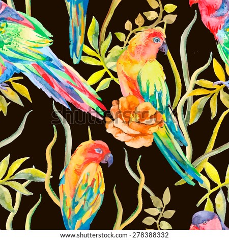 Parrot seamless pattern. Topical flower and leaves, roses.  Exotic. Vector for your design.