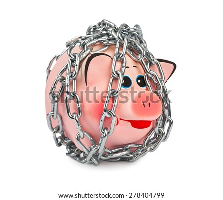 Piggy bank and chains isolated on white background