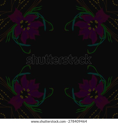 Circular  seamless pattern of floral motif, flowers, leaves, branches,ellipses copy space. Hand drawn.