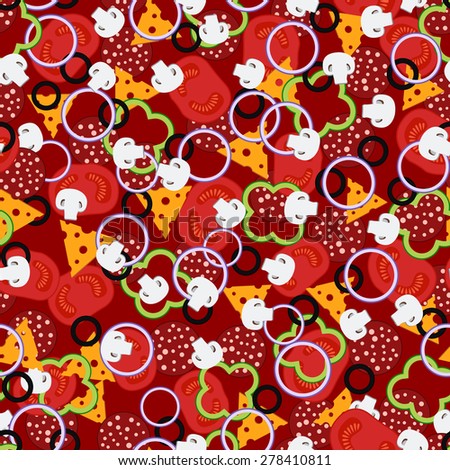 Vector seamless pattern with pizza ingredients - sausage, tomatoes, mushrooms, olives, onions, peppers, cheese, greens on a red background