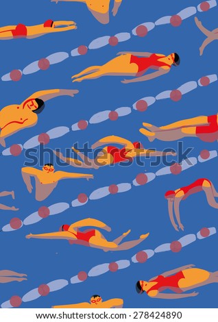 pattern, swimming pool with several swimmers. Vector illustration about sport and recreation, healthy life style, fitness, energy, summer activities.