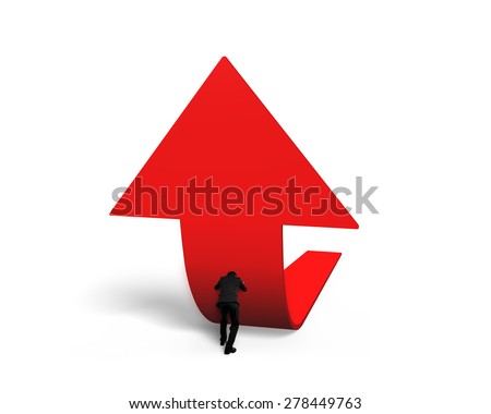 Man pushing red trend 3D arrow upward isolated on white background