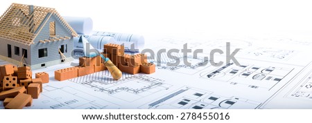 building house - brick and project for construction industry background
 Royalty-Free Stock Photo #278455016