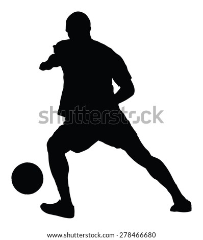 Soccer player vector silhouette isolated on white background. High detailed football player silhouette cutout outlines. Dribbling situation. 