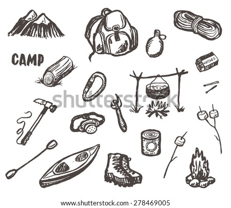 Hand drawn vector camping and hiking sketch set.