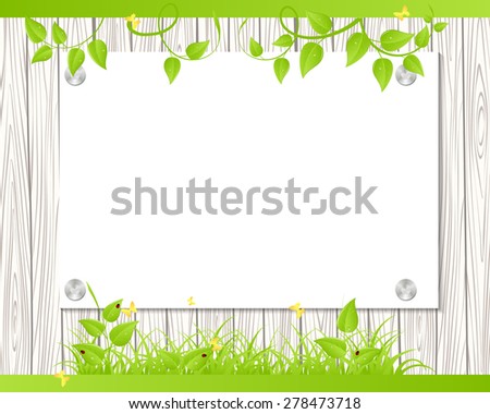 Wall with a piece of paper and green grass. Vector illustration.