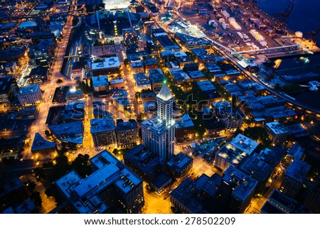 View of the Pioneer Square area at night, in Seattle, Washington.