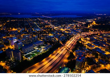 View of I-5 at night, in Seattle, Washington.