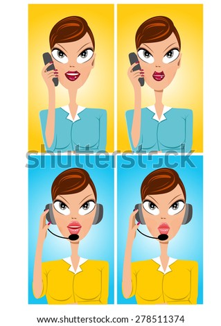 illustration of facial expressions of cartoon beautiful customer support operator speaking into microphone