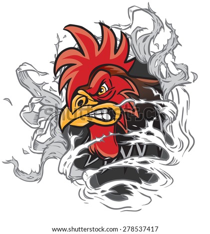 Vector cartoon clip art illustration of a rooster or gamecock or chanticleer mascot head ripping through the background. Character art is on a separate layer.