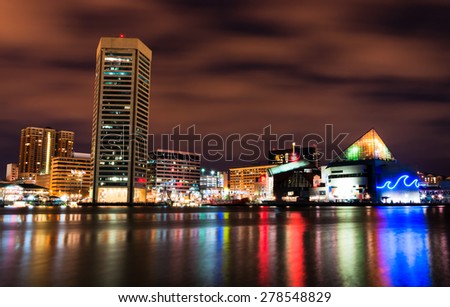 Long exposure of the colorful Baltimore skyline at night, Maryland
